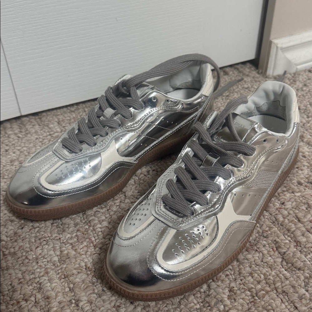ALOHAS Shiny Silver Sneakers with Brown Soles